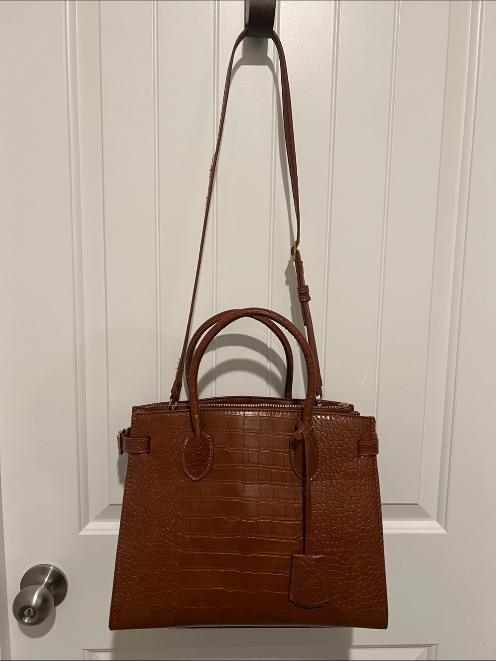 MNG “Pleather/vinyl” Croc-Embossed Top-Handle Satchel in Cognac Brown.